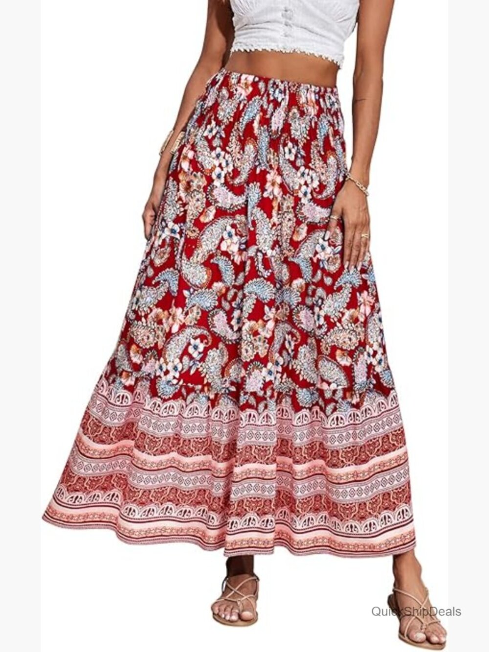 Maxi Skirt with Elastic Waist Ruffle Hem A-Line Boho Floral